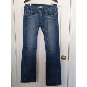 True Religion Womens Jeans 32 Medium Wash Low Rise Straight Leg Distressed Logo